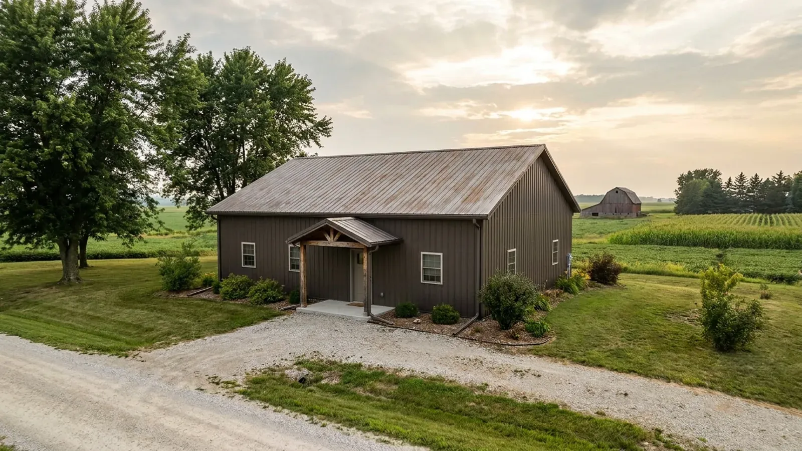 A compact 30x40 barndominium sized like a starter home or cabin, with a covered entry porch and no large shop bay.