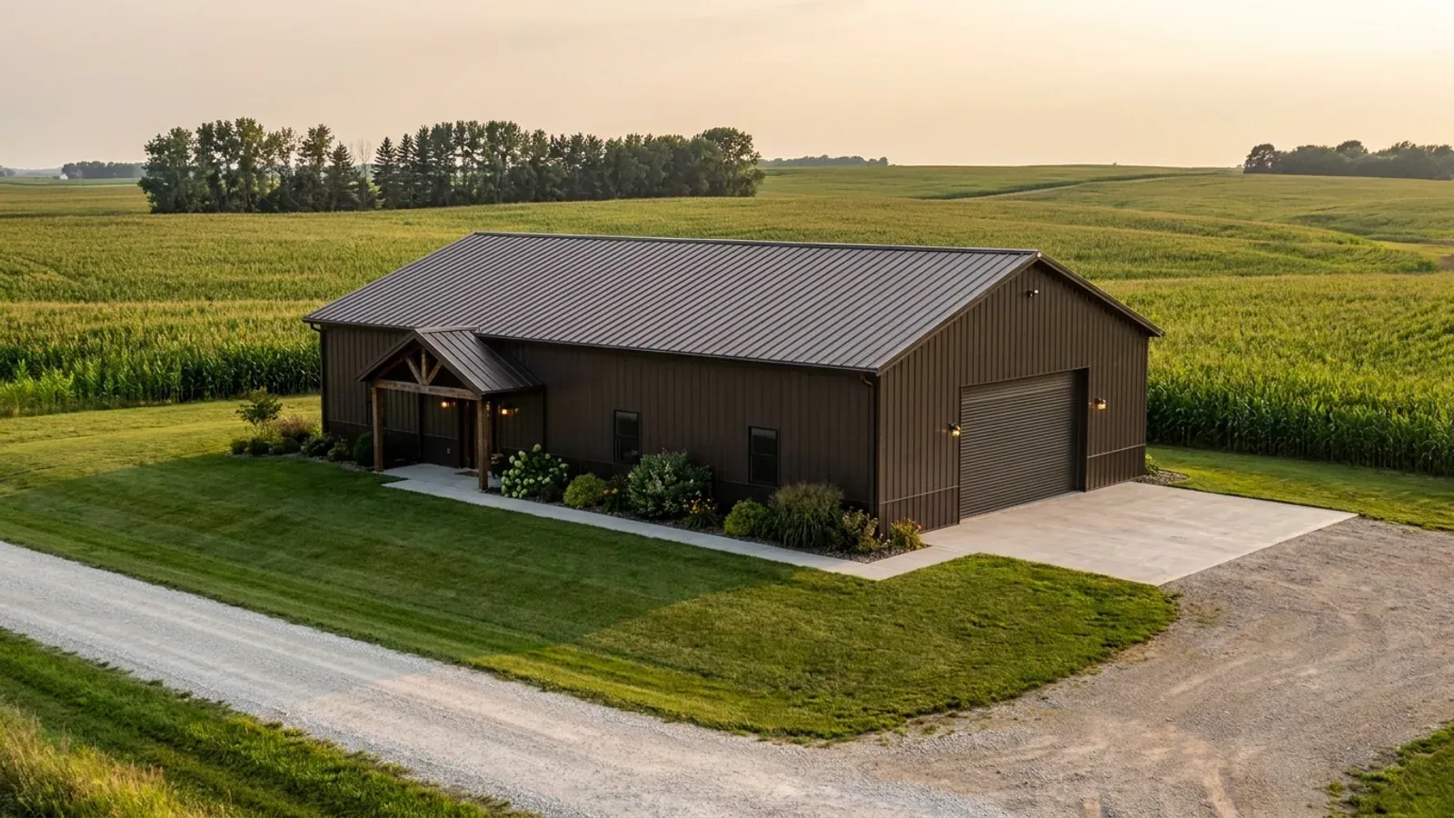 A completed 40x60 barndominium showing a residential entry on one end and a wide shop door on the other under one continuous roof.