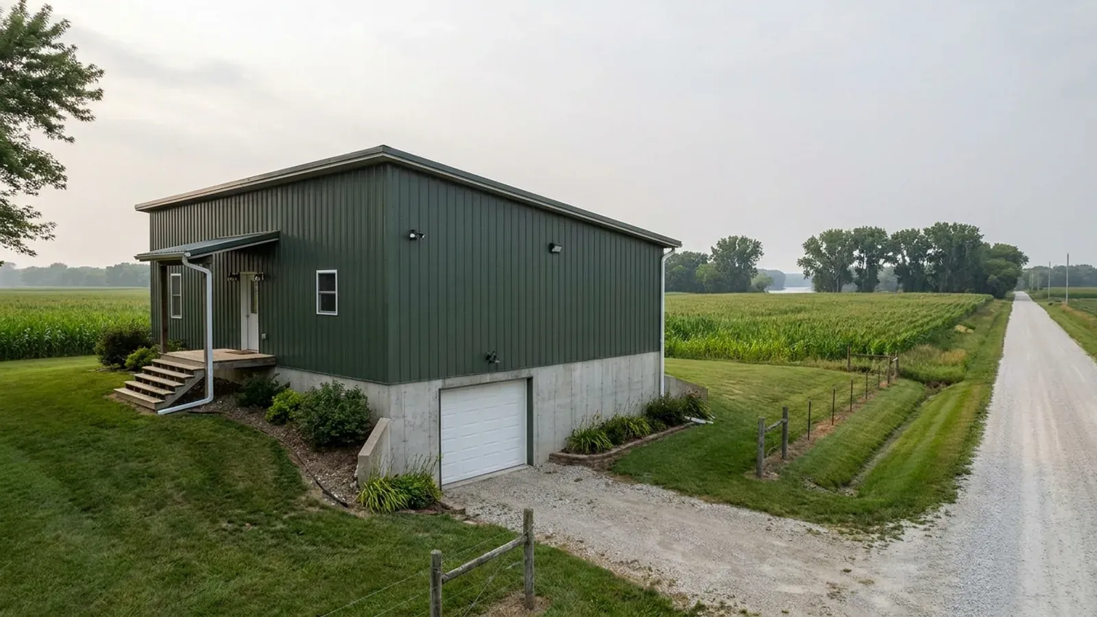 A barndominium raised on a stem-wall foundation with steps up to the entry and enclosed storage space beneath the elevated floor.
