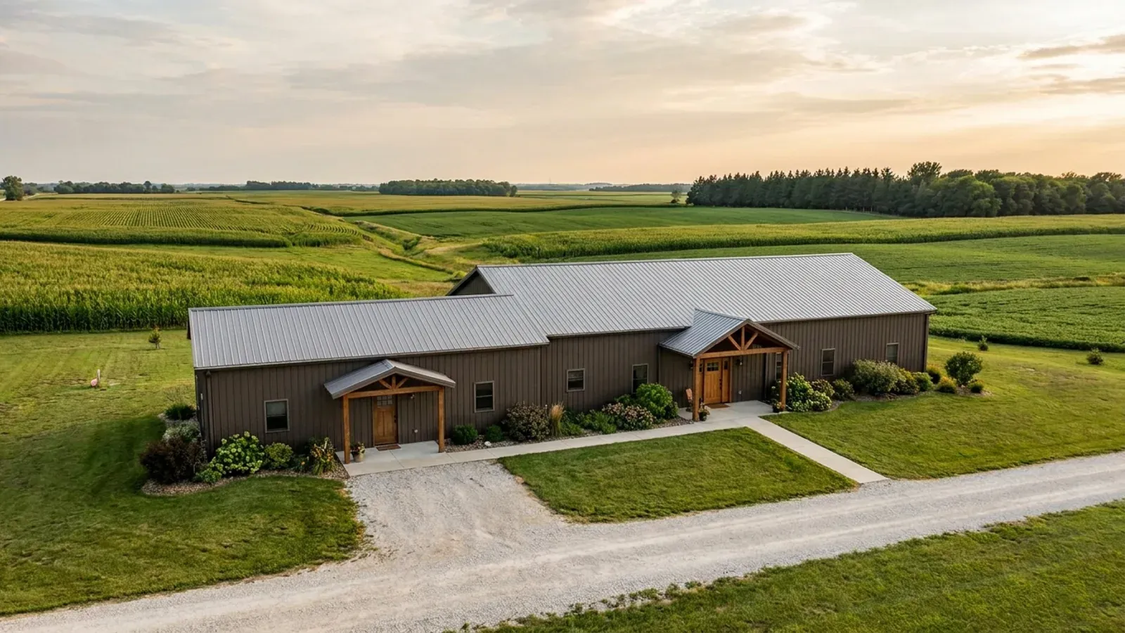 A barndominium with a smaller attached in-law suite wing that has its own separate covered entry, distinct from the main entry.