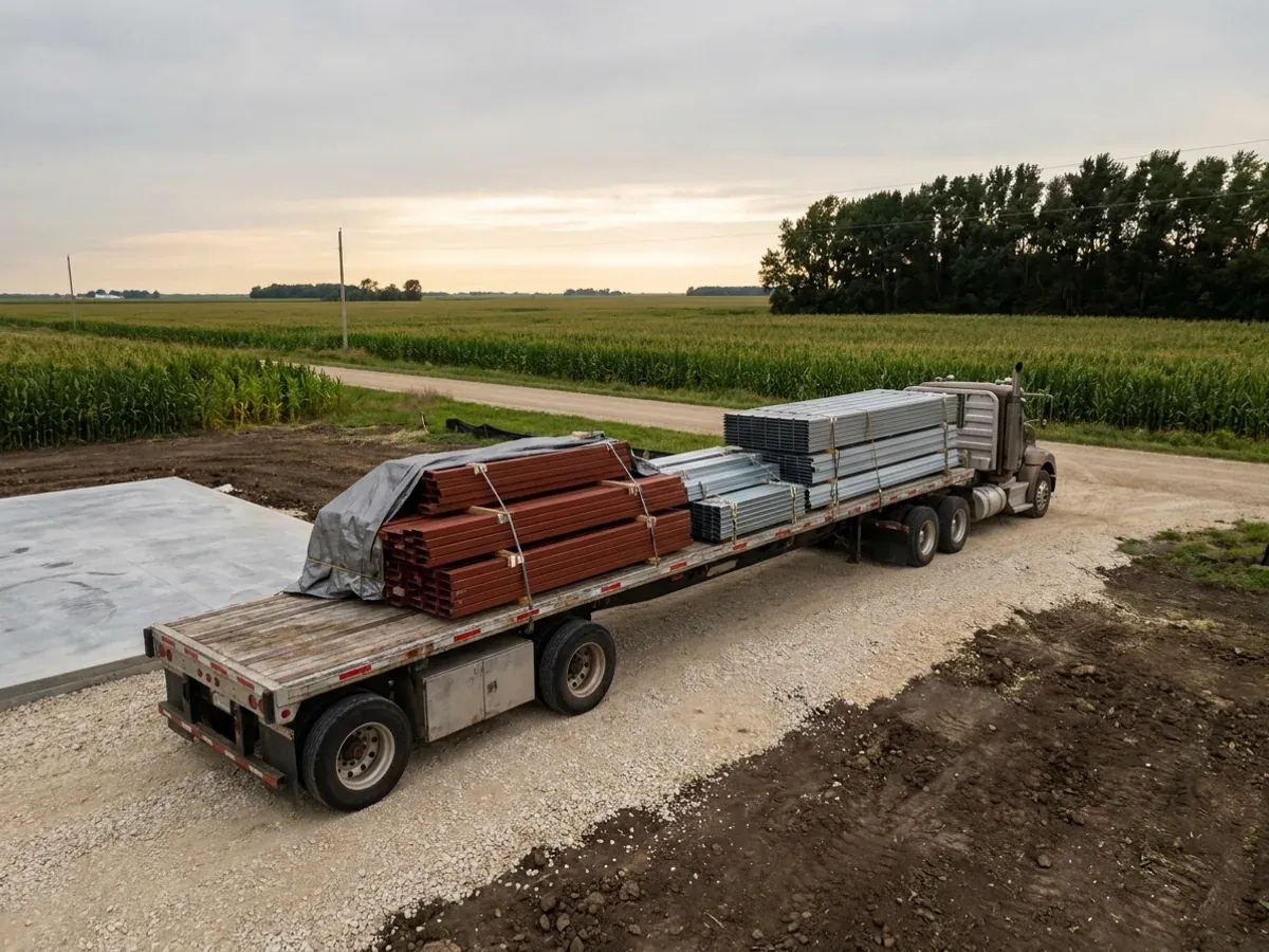 A flatbed truck delivering banded steel frame members and stacked metal roof panels to a building site beside a finished concrete slab.