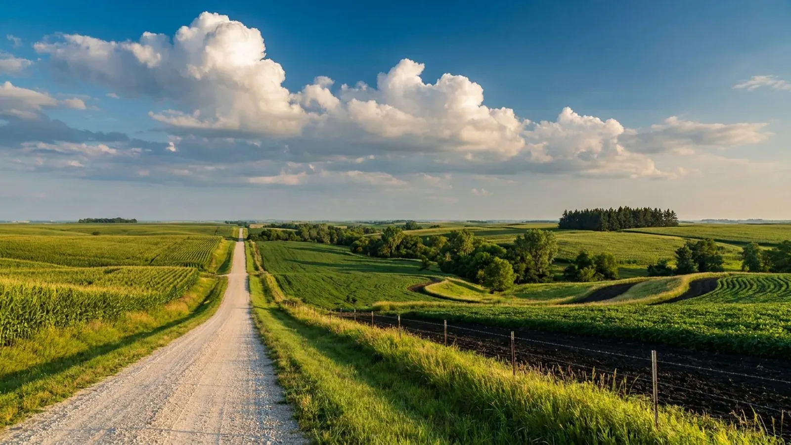 Gently rolling central Iowa corn and soybean fields in contour strips, a gravel road running to a long horizon and a wooded creek valley.