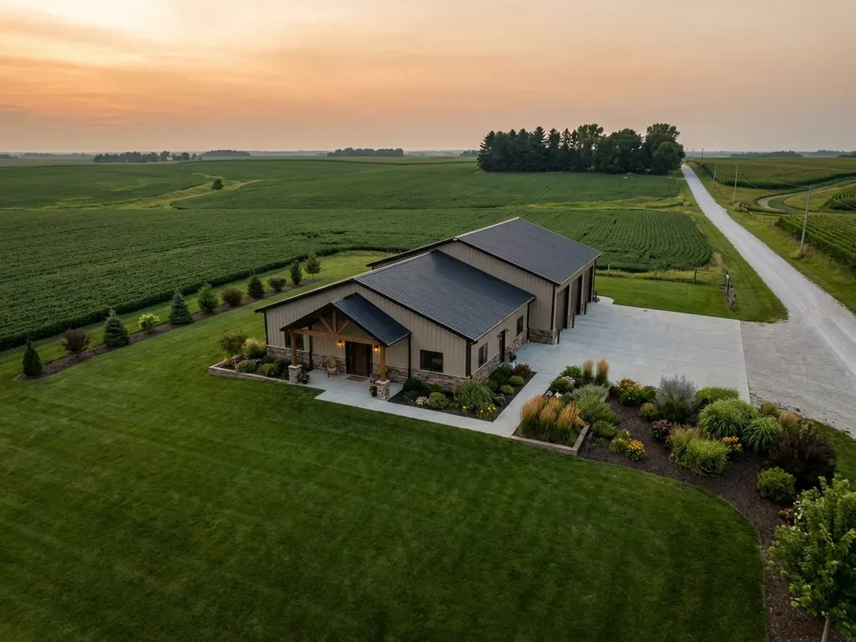 A completed barndominium home viewed from the front corner, with finished landscaping, a covered entry porch and an attached shop bay.