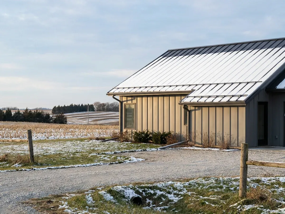 A metal-clad home in light winter snow, showing snow on its standing seam roof, vertical wall panels, and a downspout carried away from the wall.