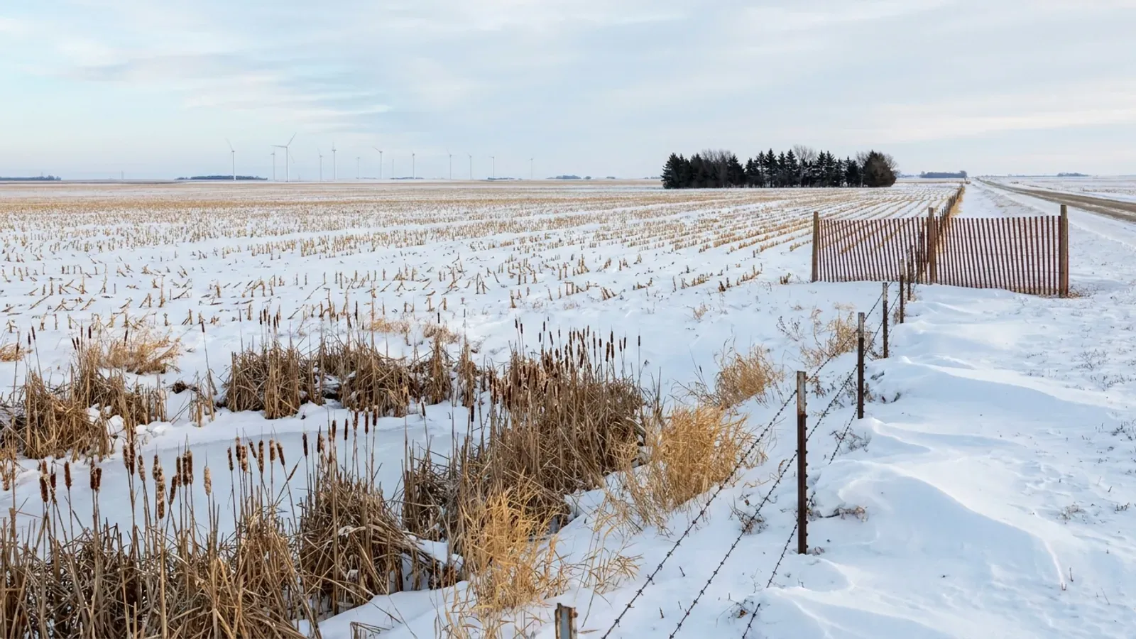 Flat north-central Iowa farmland under winter snow with corn stubble, a frozen cattail marsh, a snow fence and wind turbines on the horizon.