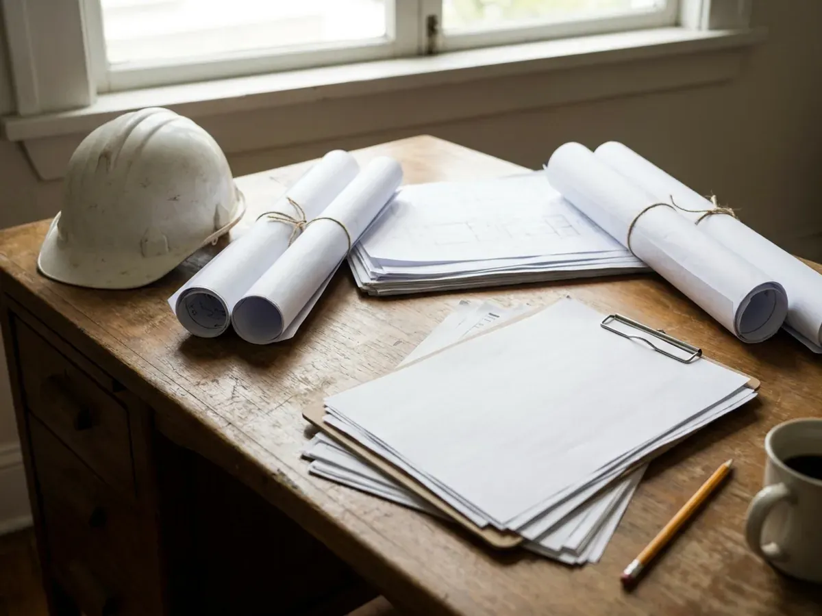 A building permit submittal package on a desk with rolled construction drawings, forms on a clipboard, and a hard hat.