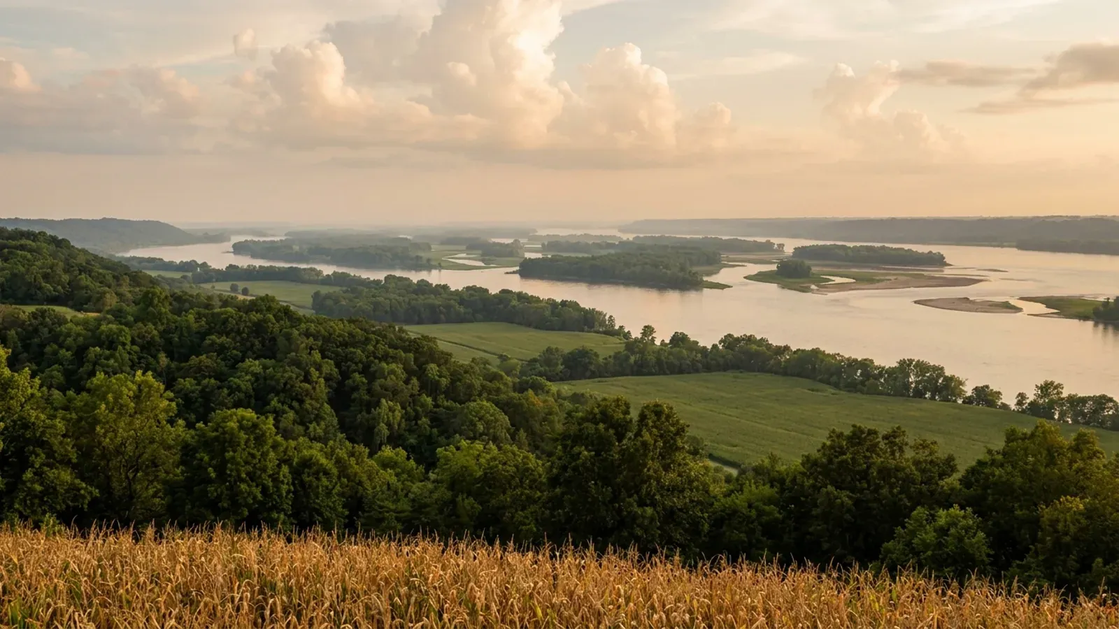The wide Mississippi River seen from the top of wooded Iowa bluffs, with forested islands in the channel and bottomland fields below.