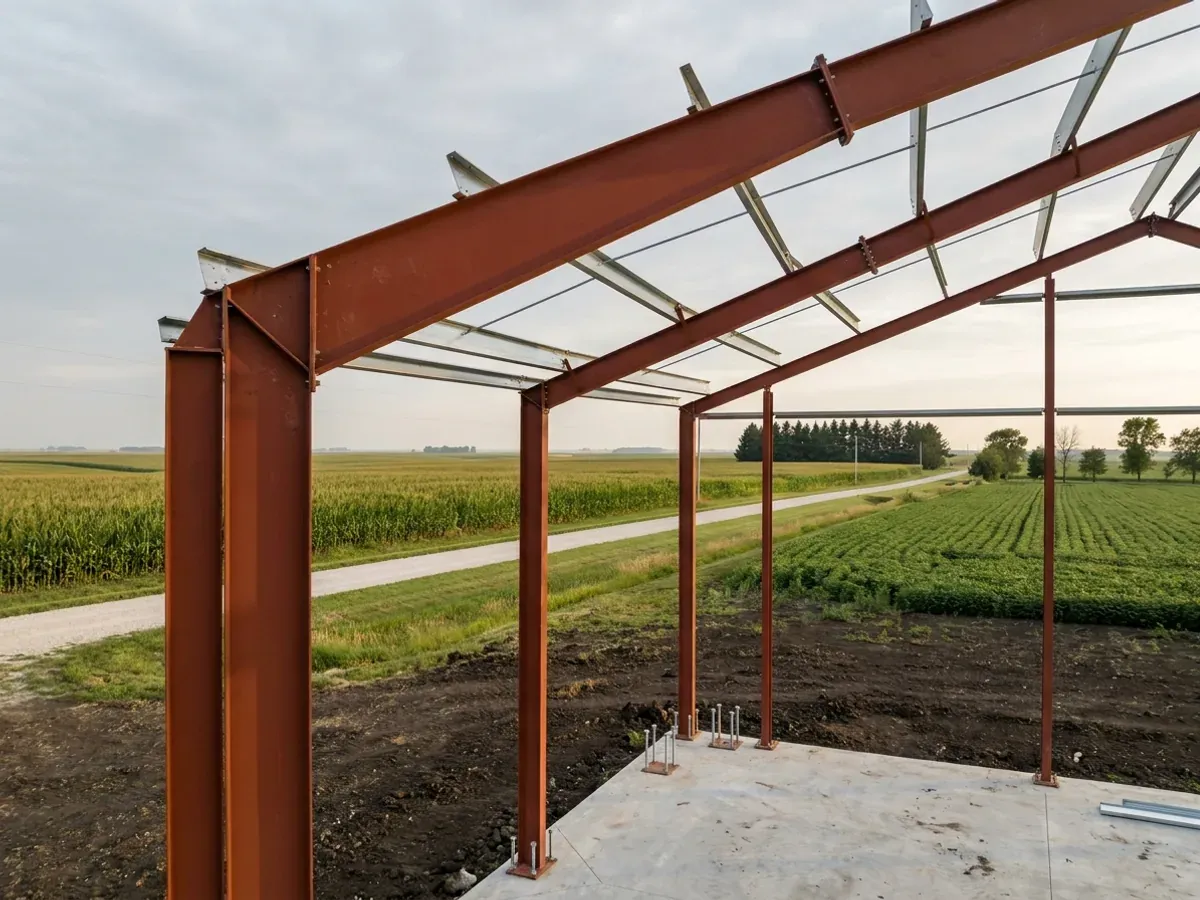 A red oxide primed structural steel frame partly erected on a concrete slab, showing bolted knee joints and anchor bolts.