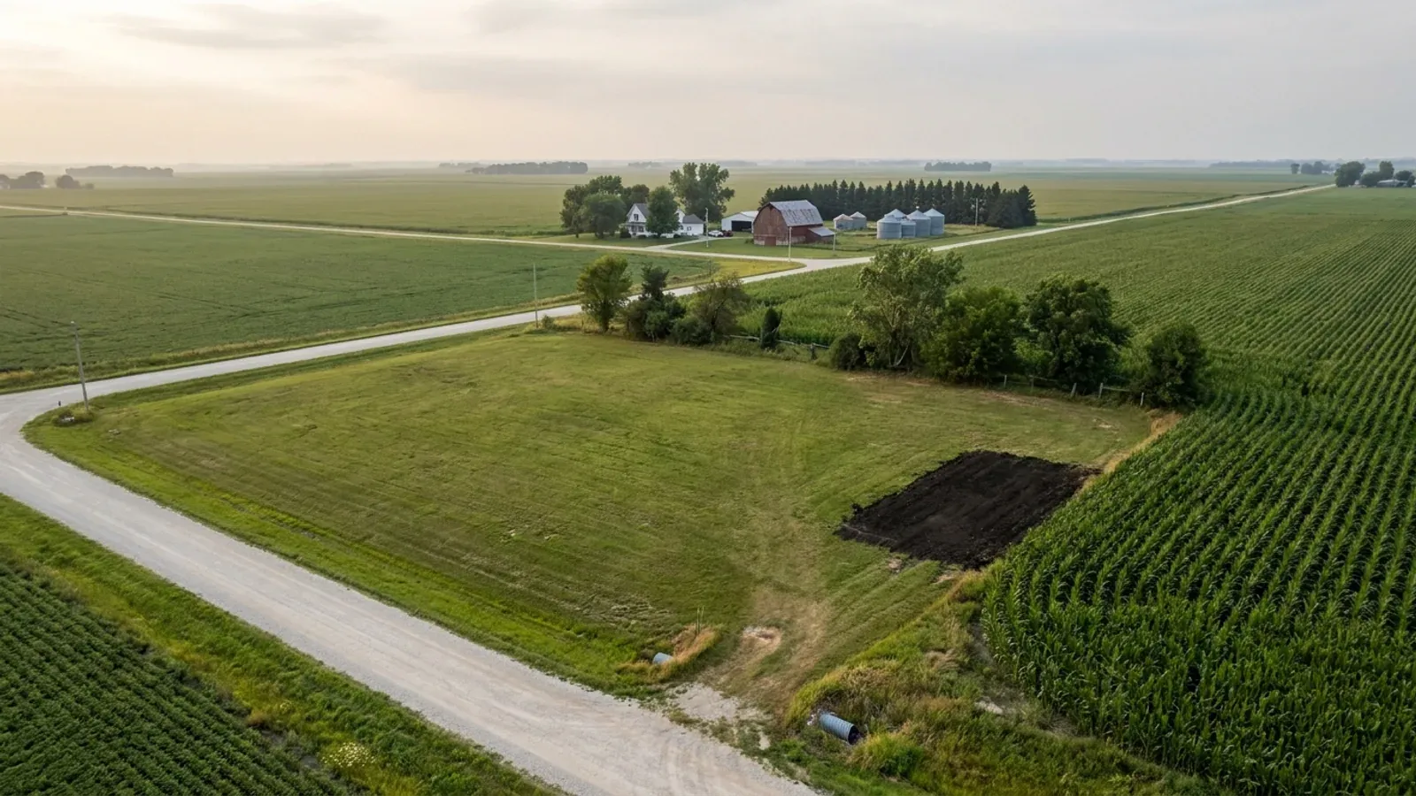 Aerial view of an empty rural lot cut from the corner of a corn field beside a gravel road, with a farmstead, red barn and grain bins in the distance.