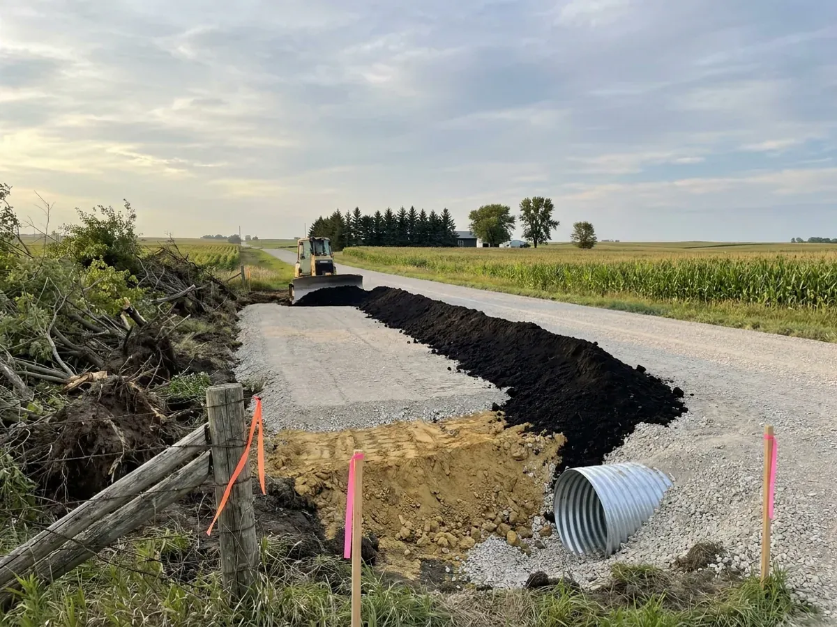A dozer stripping black topsoil into a stockpile beside a compacted crushed-stone building pad, with a culvert pipe waiting at the entrance from a gravel road.