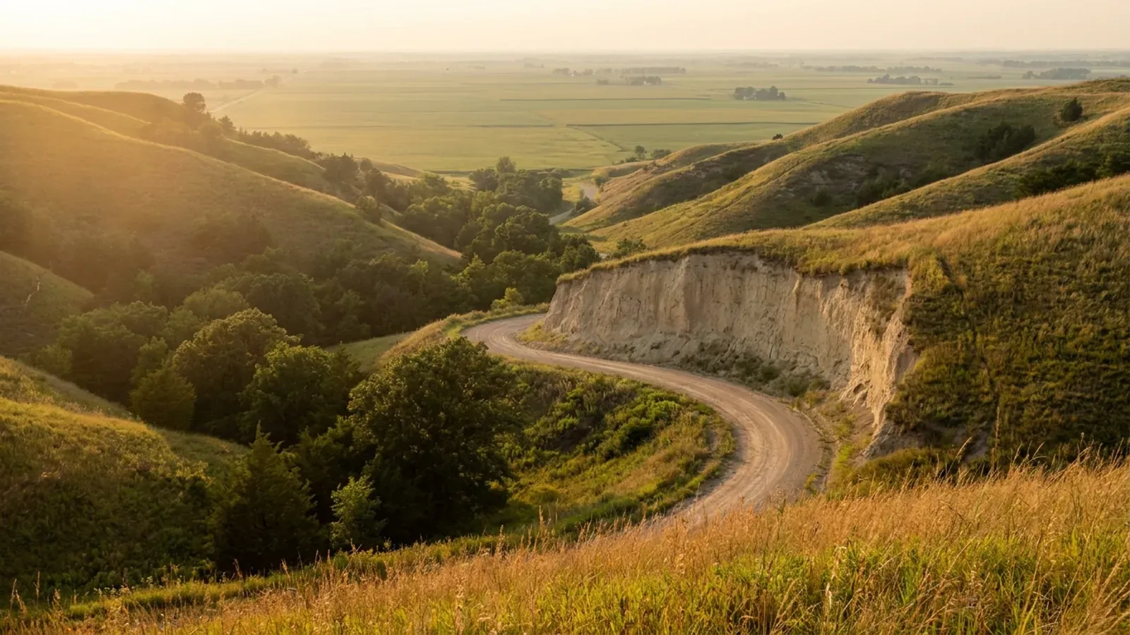 Steep prairie-covered Loess Hills in western Iowa looking west over a flat river floodplain of crop fields, with a pale loess road cut.