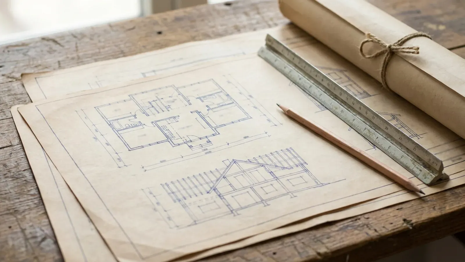 Overhead view of barndominium floor plan and elevation drawings spread on a workbench with a scale ruler and pencil.